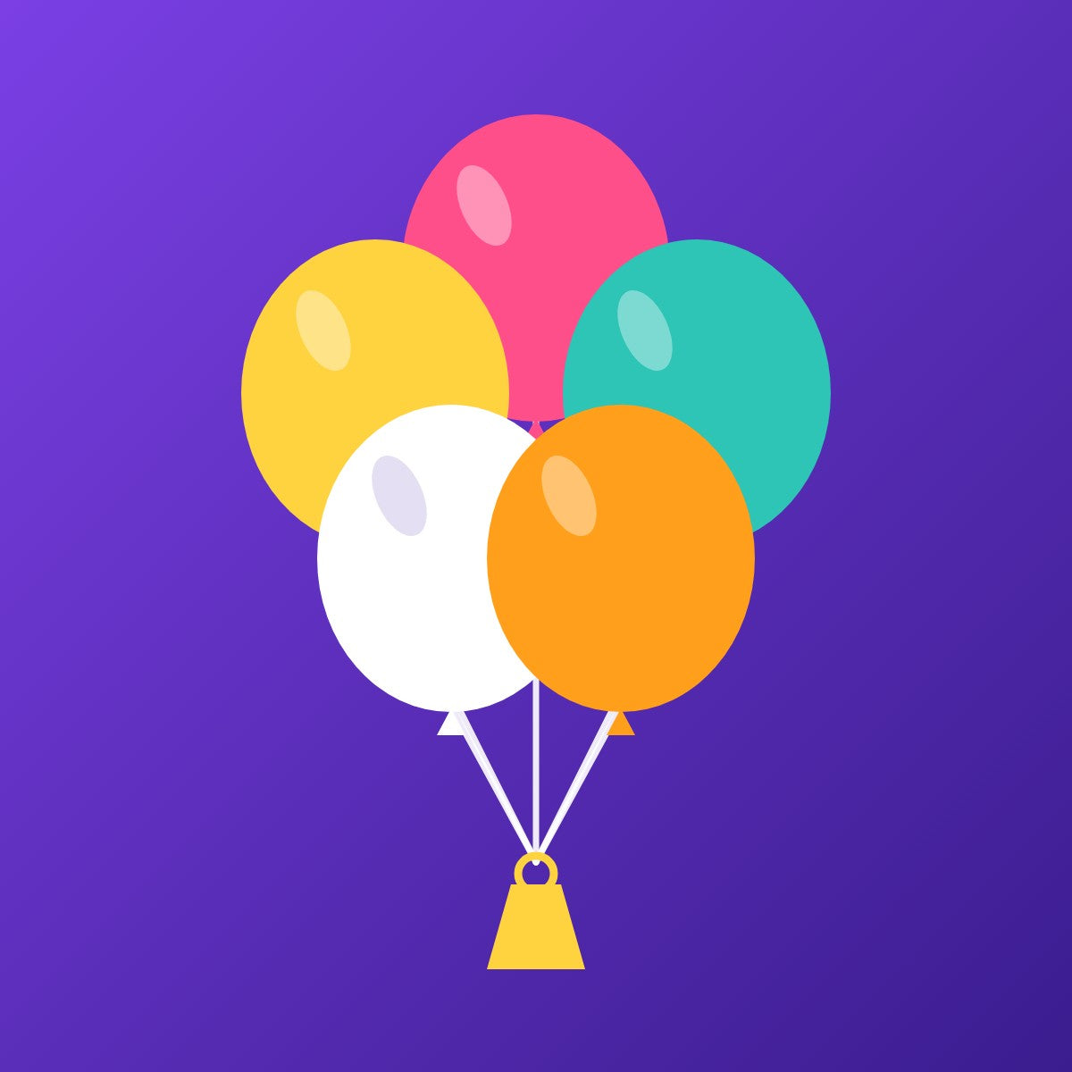 A flat vector illustration of five colorful balloons in yellow, pink, teal, white, and orange, tied to a small yellow bell on a purple gradient background.