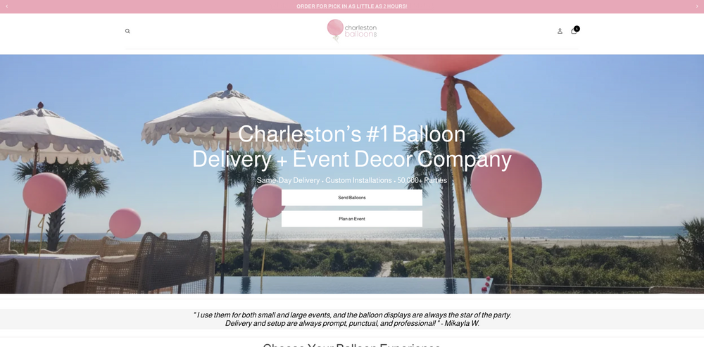 A website banner for 'Charleston's #1 Balloon Delivery + Event Decor Company' featuring a beach background with pink balloons, white umbrellas, and a white contact form overlay.
