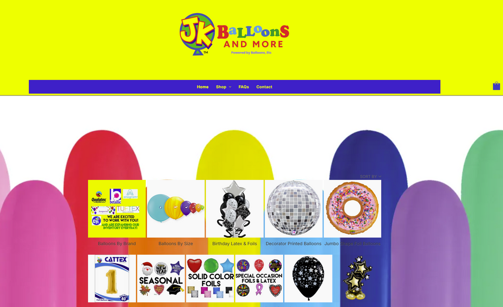 JK Balloons and More website homepage with a bright yellow header and colorful logo. Purple navigation bar links to Home, Shop, FAQs, and Contact, plus a shopping bag icon. Below, a colorful balloon-shaped background displays category tiles: Balloons By Brand, Balloons By Size, Birthday Latex & Foils, Decorator Printed Balloons, and Jumbo Shape Foil Balloons, each with product images. A second row of category tiles shows Cattex number “1” foil balloon, Seasonal designs, Solid Color Foils, Special 