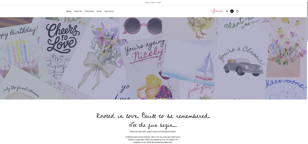 A website banner and header section for a stationery brand, featuring a collage of watercolor-style greeting cards with phrases like 'Cheers to Love', 'You're ageing nicely!', and 'You're a Classic', along with sunglasses, flowers, a car, and a sailboat. Below the banner, the text reads 'Rooted in love.