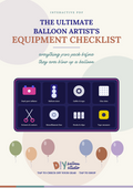 A digital checklist graphic titled 'The Ultimate Balloon Artist's Equipment Checklist' with decorative pastel balloon shapes and a central grid of illustrated checklist items such as dual port inflater, balloon air, caulk & tape, clear tape, scissors & cutters, manual inflation key, sticks & clips, and tape measure. Text at the bottom says 'DIY balloon studio' and 'Tap to check off your gear, tap to shop.